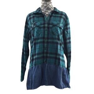 Eddie Bauer Green‎ Blue Plaid Denim Contrast Button Up Shirt Women's Large